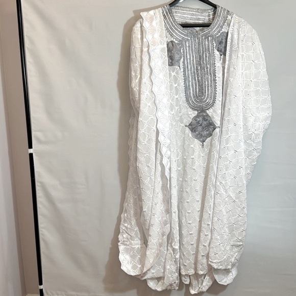 African Mens Clothing Lace Material Embroidered 3 Pcs Agbada Shirt Pants Dashiki - Picture 6 of 16